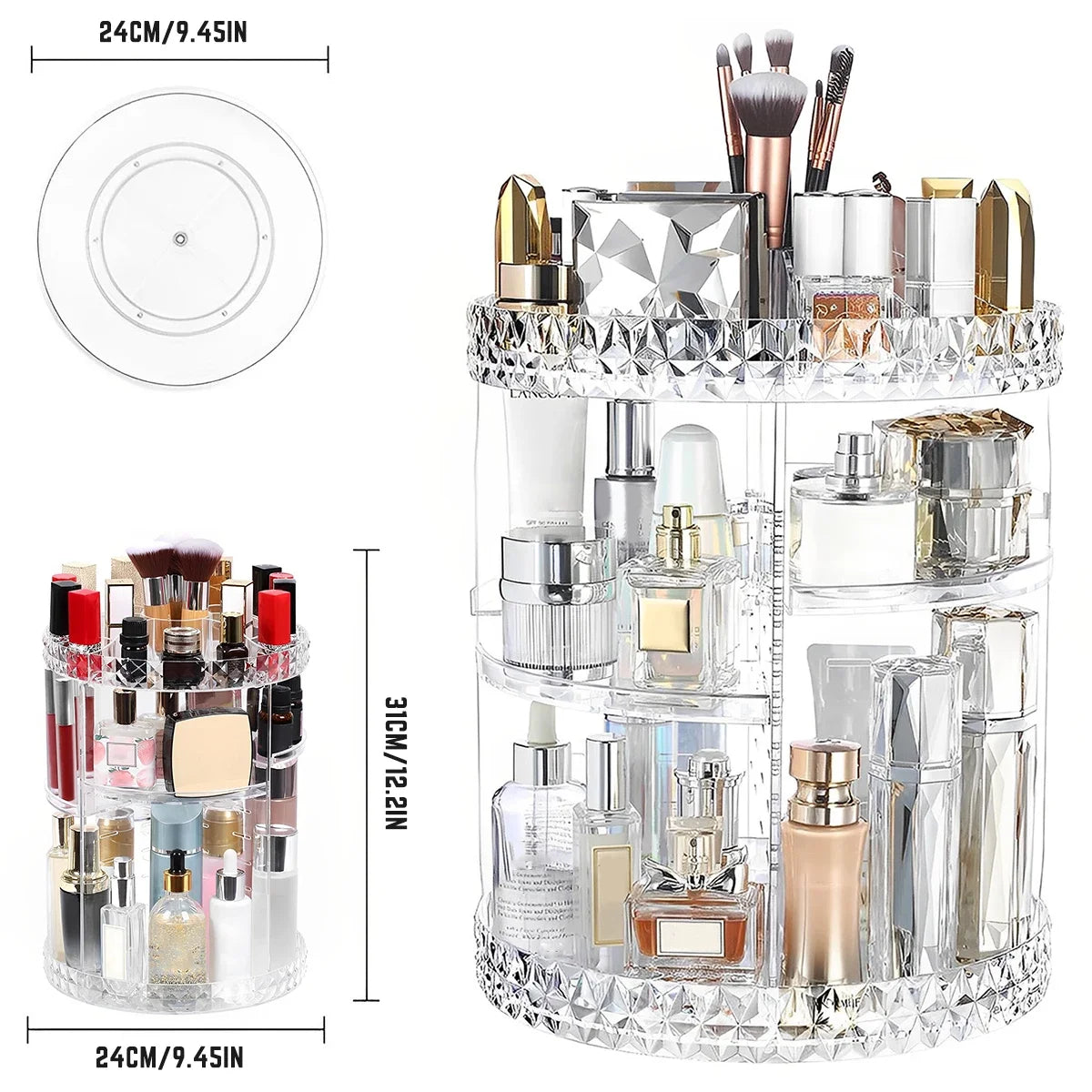 3 Tiers Rotating Makeup Organizer 360 Degree Spinning Makeup Stand Clear Cosmetic Storage Display Box for Bathroom Skincar