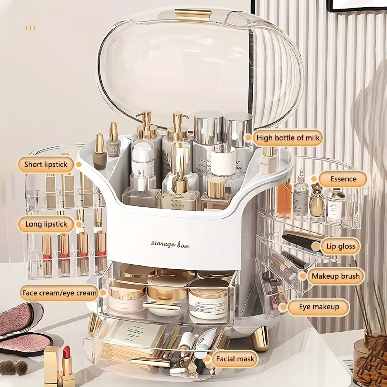 Organizer, 1 Piece Clear Multi Grid Large Capacity Cosmetic Box with Drawer, Luxury Light Desktop Organiser for Bedroom Vanity
