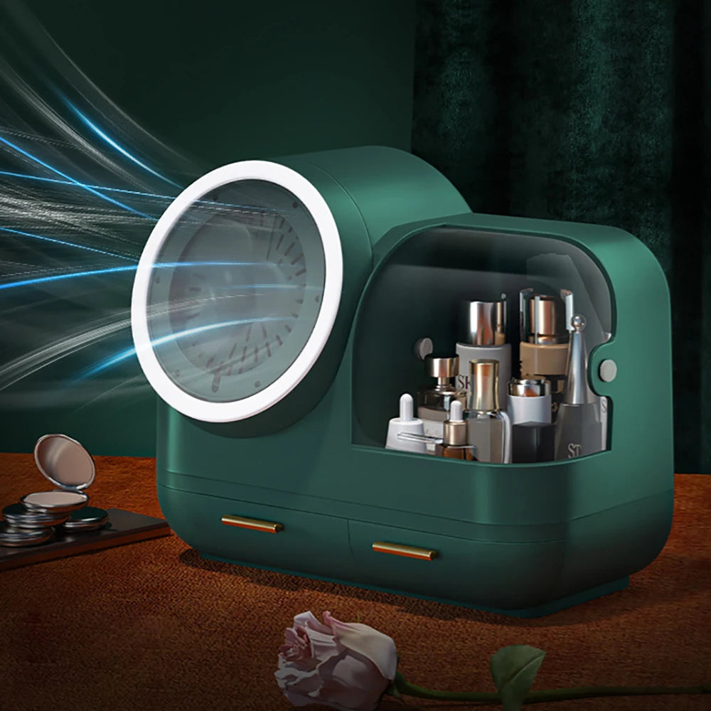 USB Charging Cosmetic Storage Make up Box Built-In Fan LED Ring Organizer Students Office Workers Green White Pink