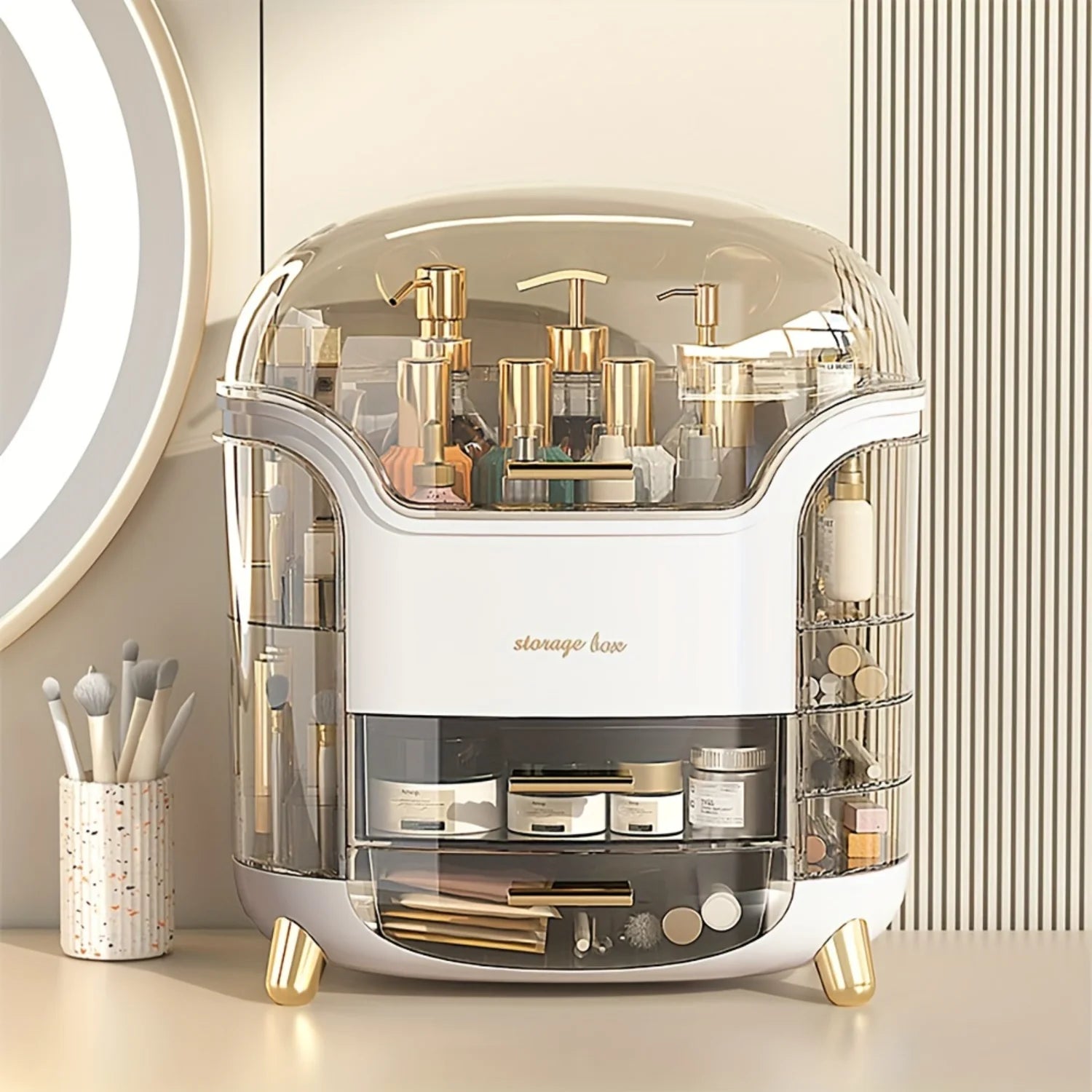 Organizer, 1 Piece Clear Multi Grid Large Capacity Cosmetic Box with Drawer, Luxury Light Desktop Organiser for Bedroom Vanity