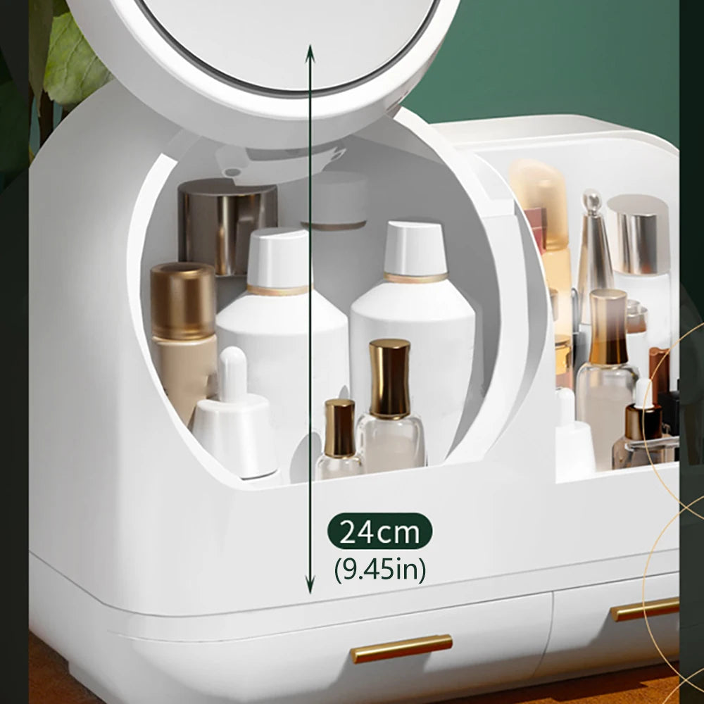 USB Charging Cosmetic Storage Make up Box Built-In Fan LED Ring Organizer Students Office Workers Green White Pink