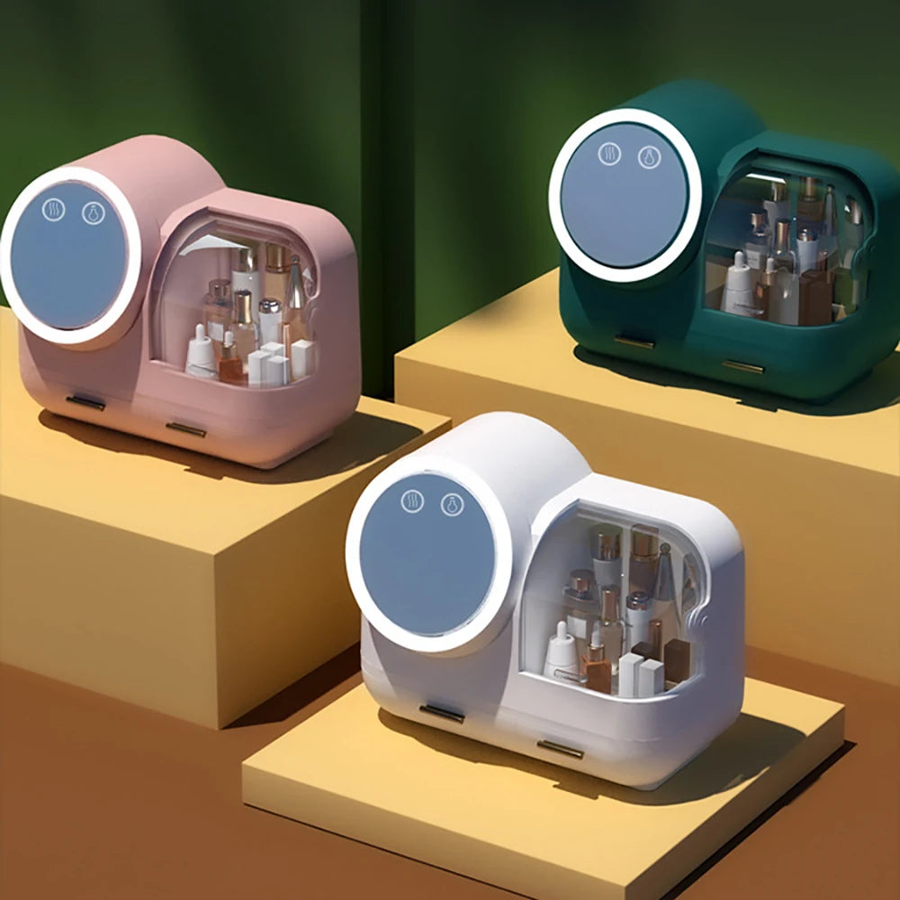 USB Charging Cosmetic Storage Make up Box Built-In Fan LED Ring Organizer Students Office Workers Green White Pink