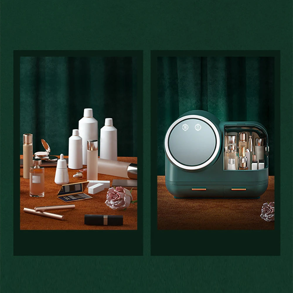 USB Charging Cosmetic Storage Make up Box Built-In Fan LED Ring Organizer Students Office Workers Green White Pink