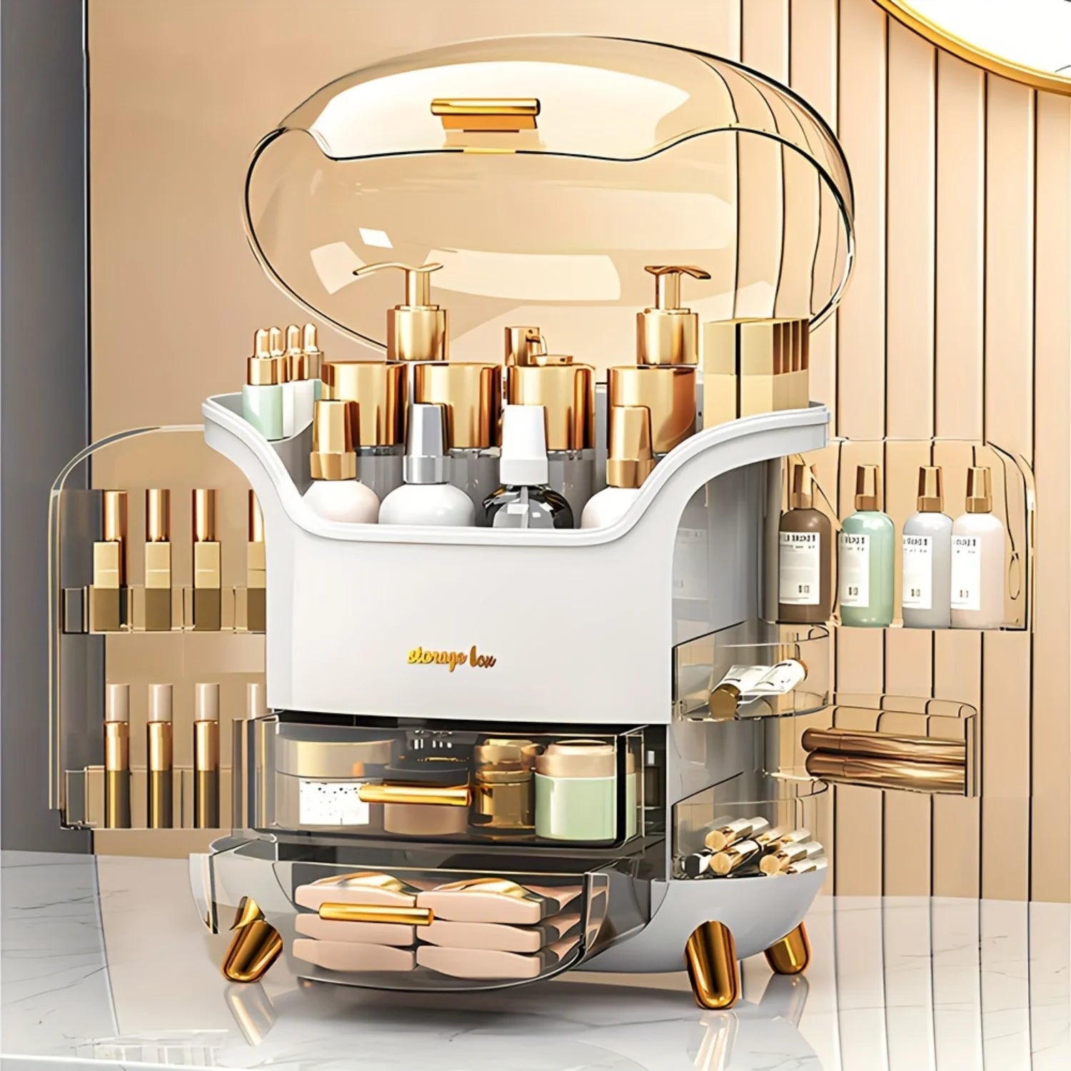 Organizer, 1 Piece Clear Multi Grid Large Capacity Cosmetic Box with Drawer, Luxury Light Desktop Organiser for Bedroom Vanity