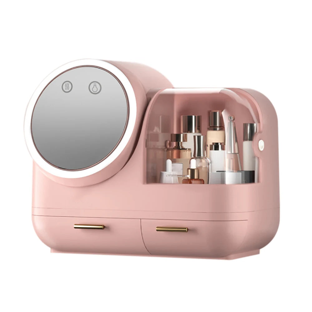USB Charging Cosmetic Storage Make up Box Built-In Fan LED Ring Organizer Students Office Workers Green White Pink