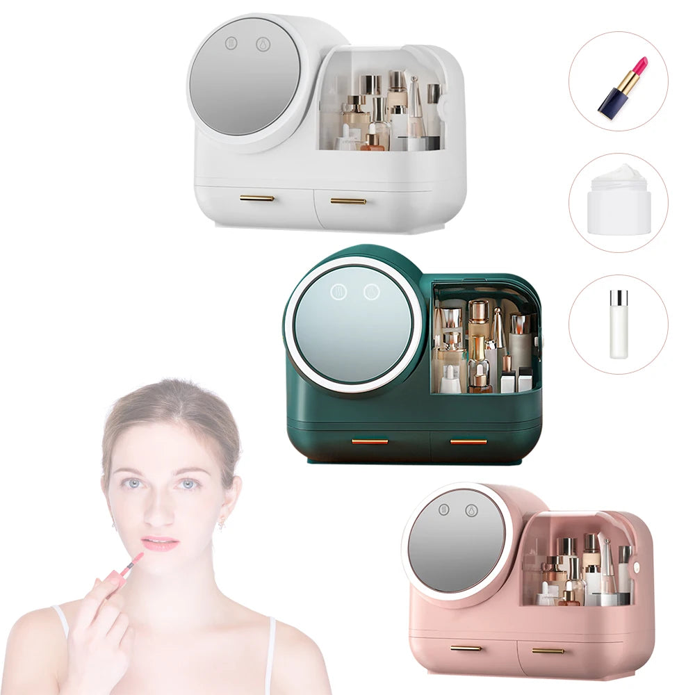 USB Charging Cosmetic Storage Make up Box Built-In Fan LED Ring Organizer Students Office Workers Green White Pink