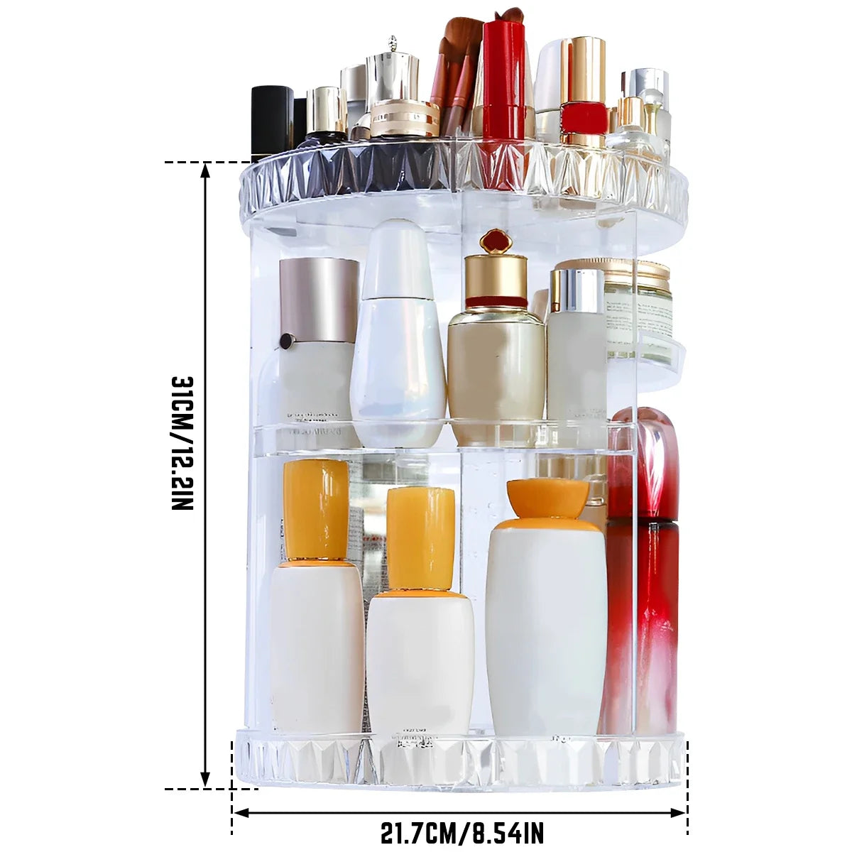 3 Tiers Rotating Makeup Organizer 360 Degree Spinning Makeup Stand Clear Cosmetic Storage Display Box for Bathroom Skincar