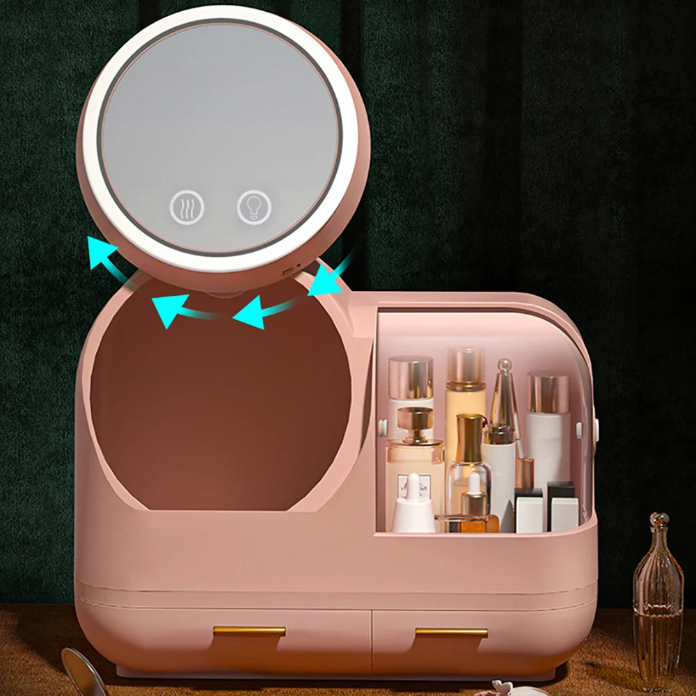 USB Charging Cosmetic Storage Make up Box Built-In Fan LED Ring Organizer Students Office Workers Green White Pink
