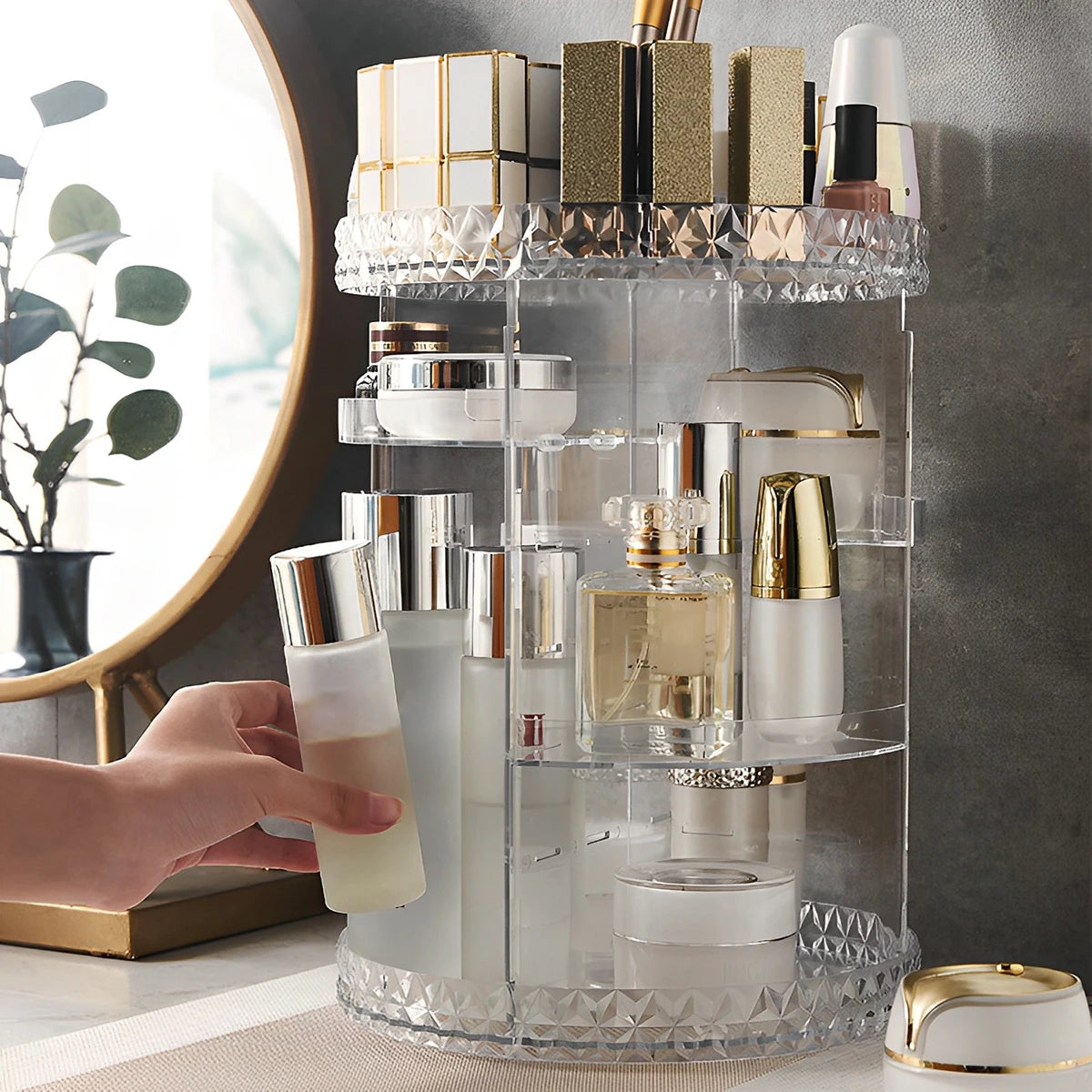 3 Tiers Rotating Makeup Organizer 360 Degree Spinning Makeup Stand Clear Cosmetic Storage Display Box for Bathroom Skincar