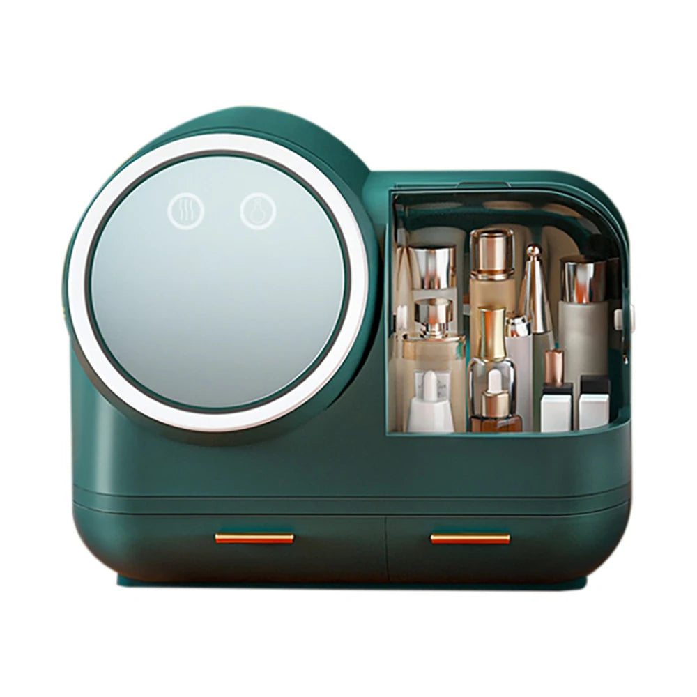 USB Charging Cosmetic Storage Make up Box Built-In Fan LED Ring Organizer Students Office Workers Green White Pink